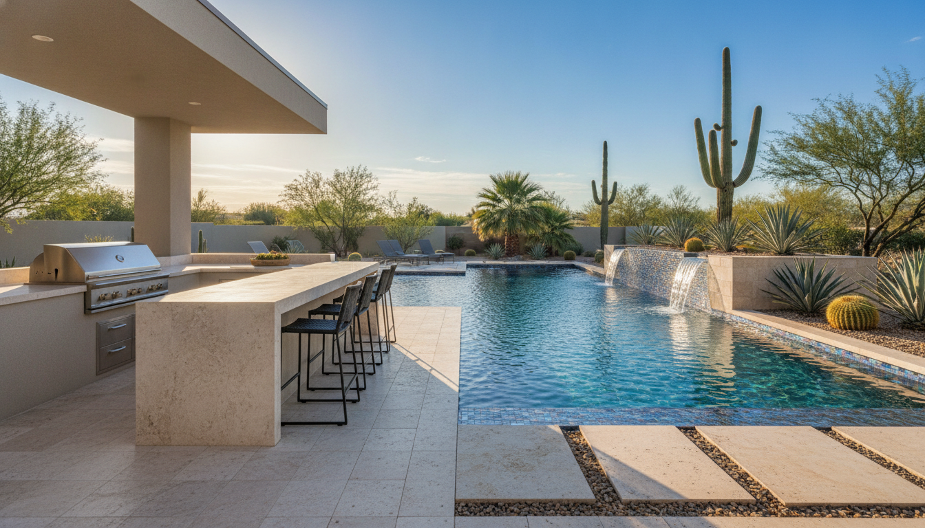 Outdoor kitchen luxury pool Paradise Valley AZ